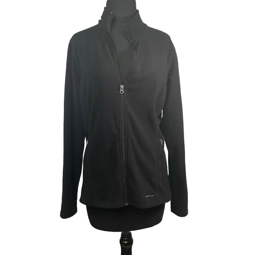 Eddie Bauer Womens Full Zip Black Fleece Jacket Size M Lightweight Casual Good